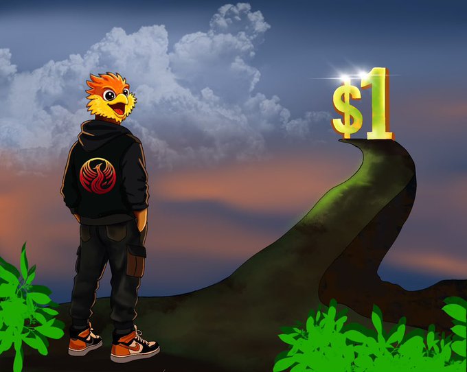 An illustration of a person with an orange bird/phoenix head wearing a black hoodie with a phoenix logo, standing on a cliff facing a giant golden '$1' sign against a sunset sky.