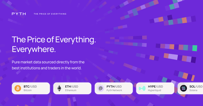 A promotional banner for PYTH Network with the tagline 'The Price of Everything. Everywhere.' displaying cryptocurrency pairs including BTC/USD (Bitcoin), ETH/USD (Ethereum), PYTH/USD (Pyth Network), HYPE/USD (Hyperliquid), and SOL/USD (Solana).