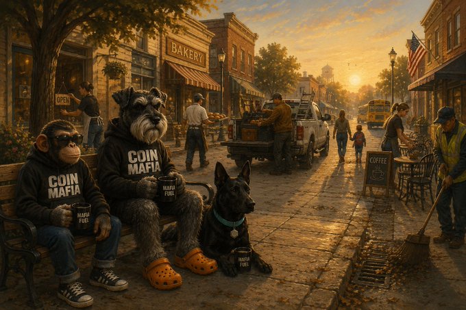 An AI-generated scene of a dog and monkey wearing 'COIN MAFIA' hoodies sitting on a bench with a German Shepherd, set in a quaint small-town street with a bakery and coffee shop.