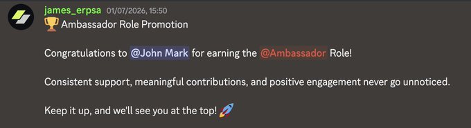 A Discord announcement from james_erpsa congratulating @John Mark on earning the @Ambassador Role, praising consistent support and contributions.