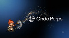 Ondo Perps logo featuring a pixel-art character casting magic against a blue background.