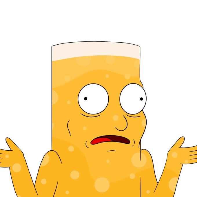 A cartoon illustration of an anthropomorphic glass of beer or orange liquid with a shocked expression and raised arms.