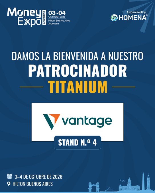 A promotional graphic for the 'Money Expo Argentina' welcoming 'Vantage' as a Titanium sponsor at Stand N.º 4, taking place October 3-4, 2026, at Hilton Buenos Aires.