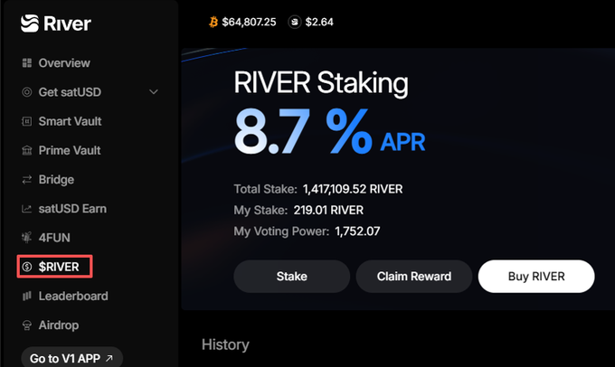 A screenshot of the River staking interface shows a highlighted '$RIVER' menu option on the left sidebar, while the main panel displays 'RIVER Staking' at '8.7% APR' alongside stake details and action buttons.