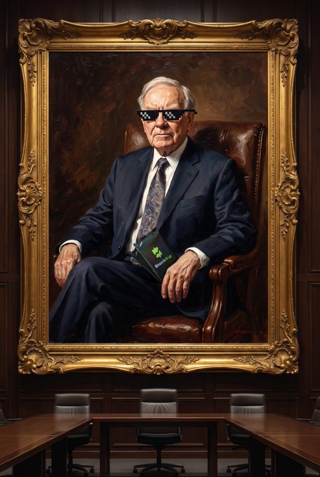 A formal portrait of Warren Buffett in a suit and pixelated sunglasses sits within an ornate gold frame on a courtroom wall, holding a book with a dollar sign symbol.