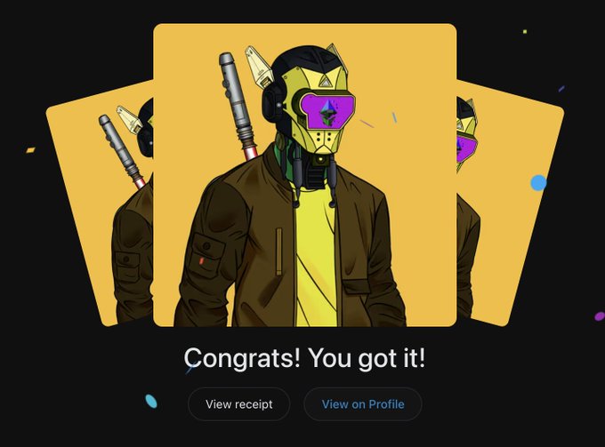 An NFT acquisition screen displaying three identical character cards with masked figures holding batons, with the message 'Congrats! You got it!' and buttons to view receipt or profile.