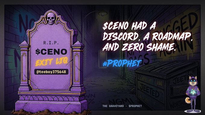 A crypto 'graveyard' graphic features a tombstone for the '$CENO' token at 'EXIT LIQ' with the handle '@teeboy375648', alongside text reading '$CENO HAD A DISCORD, A ROADMAP, AND ZERO SHAME.' and the tag '#PROPHET'.