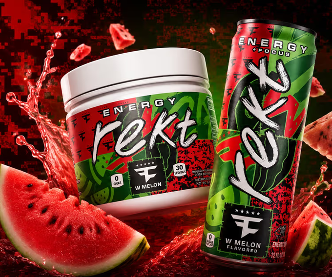 The image showcases REKT energy products in watermelon flavor, including a tub labeled "ENERGY + FOCUS" with "30 SERVINGS" and "0 SUGAR," alongside a 12 fl oz can, set against a dramatic backdrop of watermelon slices and red splashes. The edgy branding and "REKT" name humorously tie into the post's theme of navigating volatile crypto market "rekt" moments while highlighting early signs of recovery, with the energizing watermelon imagery symbolizing a refreshing rebound after an "equity bloodbath."