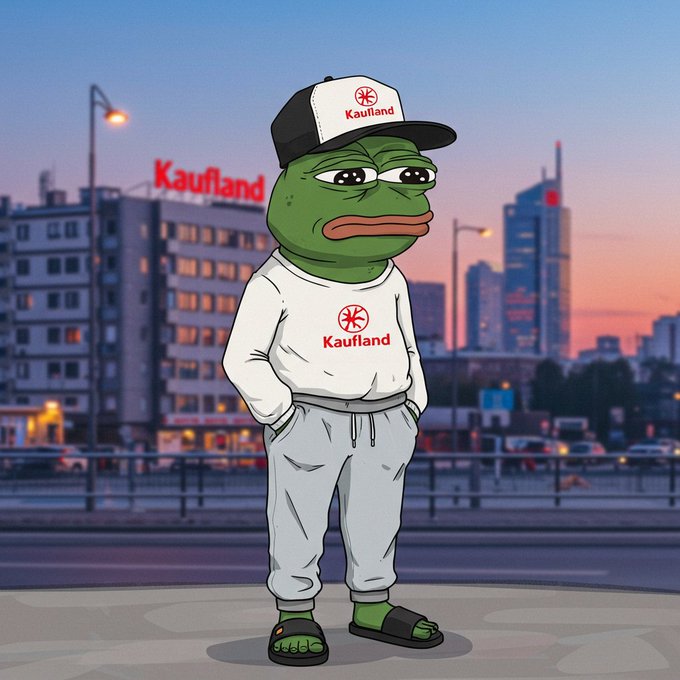 The image features a cartoon frog character wearing a hat, shirt, and pants standing next to a building with a Kaufland sign. The frog has its arms crossed over its chest and appears to be looking off into the distance or at something in front of him. The background includes a cityscape with buildings and streetlights, which adds context to the setting for this cartoon character.