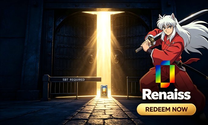 An anime character with a sword stands before large, open doors emitting bright light, next to the Renaiss logo and "REDEEM NOW" button, signifying an end to previous requirements like "SBT REQUIRED".
