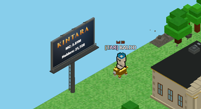 A screenshot from a pixel/isometric game showing a character named '[TAR] BALDD' (level 130) standing on a grassy area near a billboard displaying 'KINTARA - MC: 3.91M - Holders: 21,728'.