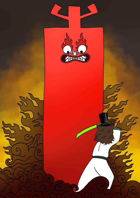 A cartoon illustration depicting a warrior with a top hat and curved sword facing a tall, angry red banner-like character surrounded by flames and dark clouds.