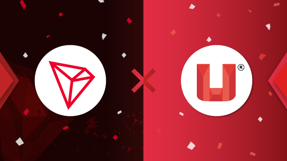 A promotional banner featuring two circular logos - a red TRON (TRX) diamond icon on a dark background and a red Unilayer (U) icon on a red background, separated by an 'x' symbol.