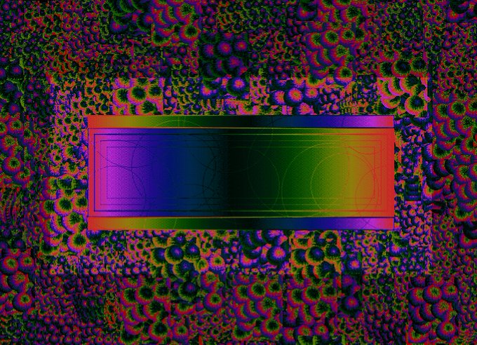 An abstract, psychedelic digital artwork featuring a rectangular window in the center displaying a rainbow color gradient, surrounded by a heavily textured, bumpy pattern in vibrant purple, green, and black colors.