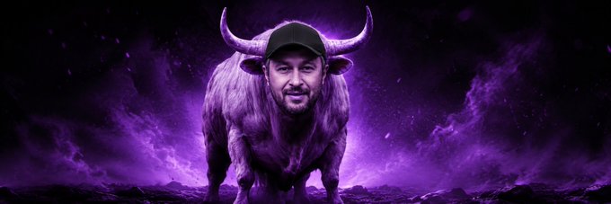 A purple bison wearing a black cap stands dramatically against a cosmic purple background, humorously portrayed as "The Solana Bull" to playfully represent Solana, drawing a parallel to how Binance's CZ serves as the face of BNB.