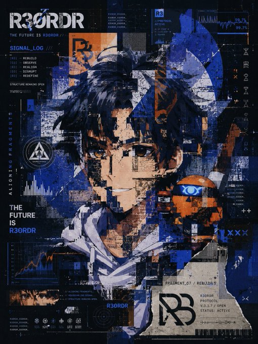 The image features an abstract art piece with a boy's face as its central theme. The artwork consists of various elements, including a mix of blue, orange, and black colors that create a unique visual experience. The text "gQuip Communication is evolving" is present in the image, which suggests that the artist might be exploring themes related to communication or technology. Additionally, there are mentions of "signal log," "future," and "decentralized infrastructure." These terms could potentially represent aspects of modern communication systems or the development of new technologies for a more connected digital future.