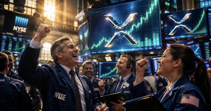 Traders in matching NYSE jackets celebrate in front of screens displaying the XRP logo and stock charts, visualizing the surge in crypto trading mentioned in the post. The image depicts jubilant traders on the NYSE floor with the XRP logo prominently displayed on screens, mirroring the post's assertion of increased trading activity and capital flowing into digital assets.