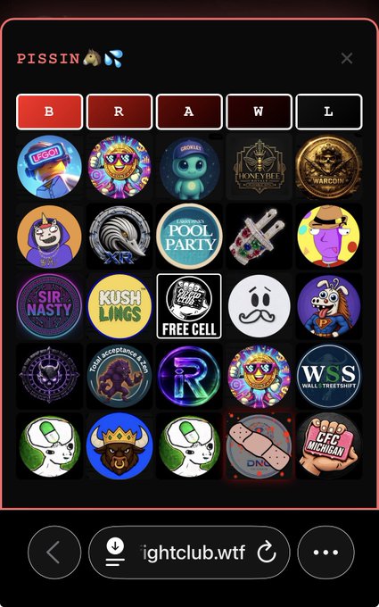 A mobile screen showing a betting/gambling website interface with the URL "fightclub.wtf", displaying colorful circular icons for various games including "FREE CELL", "POOL PARTY", and "SUGAR RUSH", under the header "PISSIN".