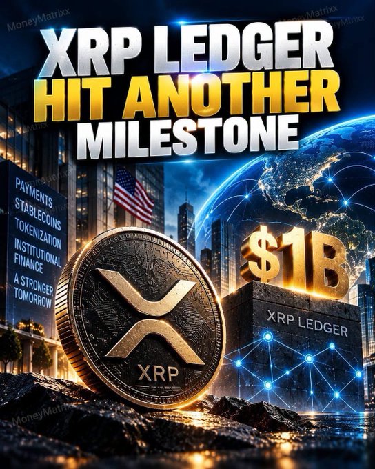 A promotional graphic reads 'XRP LEDGER HIT ANOTHER MILESTONE' with '$1B' and 'MoneyMatrixx' watermarks, showing a large XRP coin and American flag.