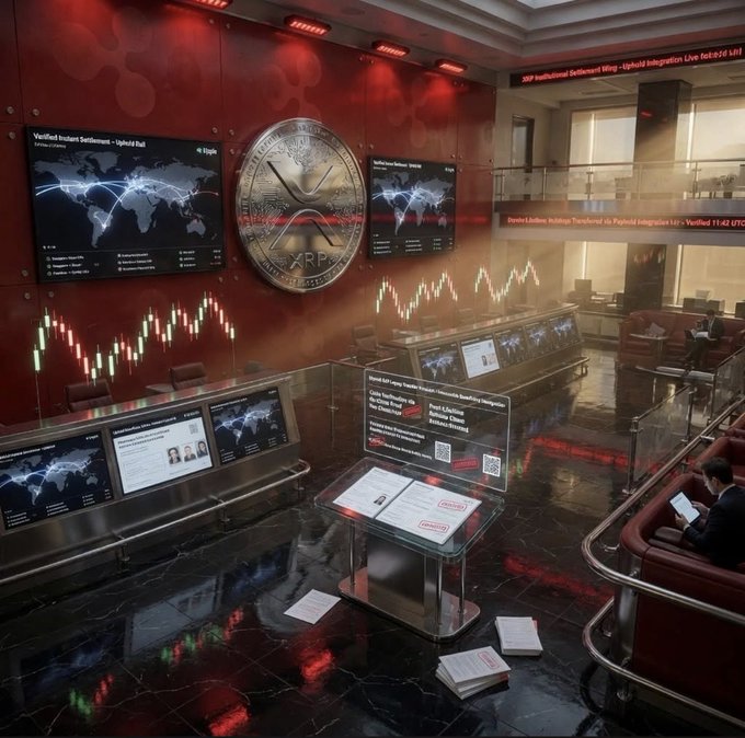 Digital artwork depicting a high-tech XRP (Ripple) cryptocurrency trading or settlement center with world maps, a large XRP coin emblem, and multiple displays showing market charts.