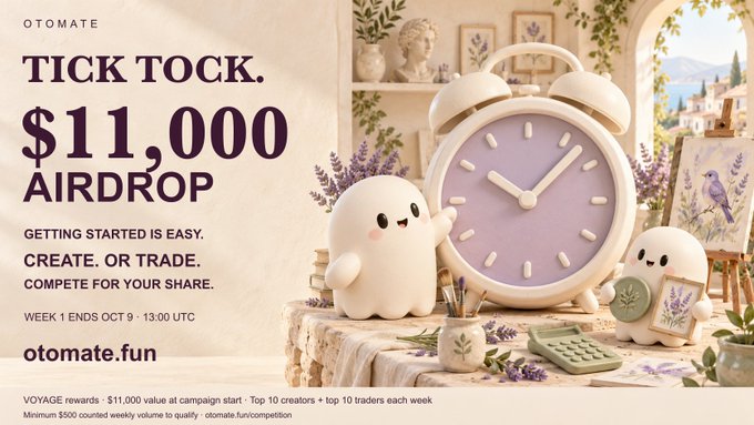 An advertisement for Otomate announces a 'Tick Tock' $11,000 airdrop campaign ending October 9 at 13:00 UTC, featuring cute mascot characters.