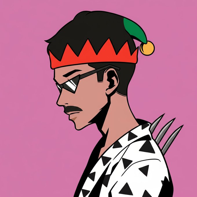 A cartoon-style illustration shows a side profile of a man wearing a red and green elf hat, sunglasses, a mustache, and a white shirt with black triangles.
