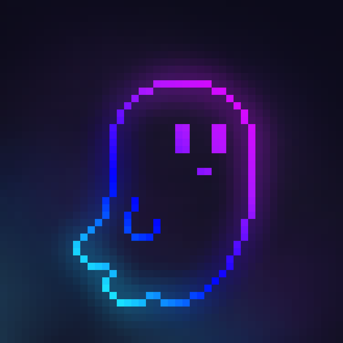 A pixel-art ghost rendered in glowing purple and cyan hues against a dark background, visually representing the "ghost" mint referenced in the post promoting the DeadPixels Discord community.