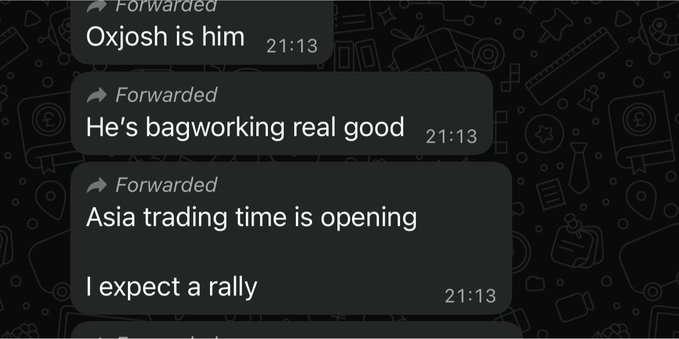 A screenshot of a dark-themed chat shows three forwarded messages at 21:13 reading "Oxjosh is him," "He's bagworking real good," and "Asia trading time is opening, I expect a rally," humorously revealing that the sender is unknowingly chatting with and praising the user Oxjosh, who is supposedly holding a large position coded as "$Dow."