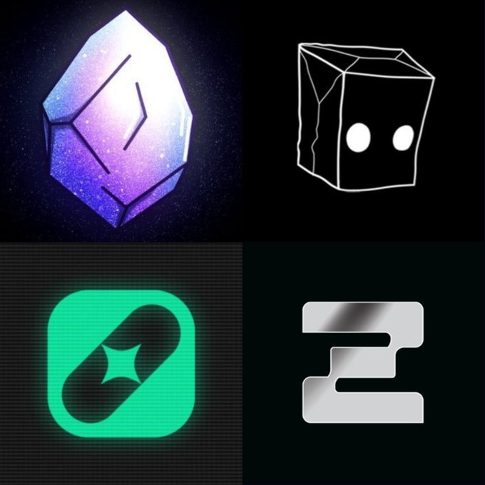 A 2x2 grid showing four digital icons: a glowing purple crystal, a white line-art box with eyes, a neon green capsule shape, and a metallic silver logo.