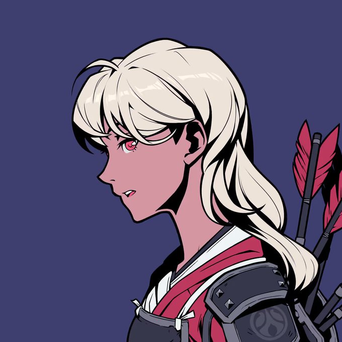 A side-profile illustration of a pale character with long white hair, red eyes, and a red-accented dark outfit, with a quiver of red-fletched arrows on their back against a solid purple background.