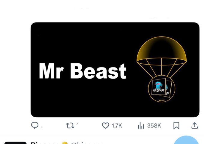 The image displays a post titled "Mr Beast" featuring a parachute graphic with the "MrBeast" logo, showing 1.7K likes and 358K views on what appears to be a social media platform. The accompanying text promotes a so-called "$BEAST Coin" presale, attempting to leverage MrBeast's name and branding to legitimize the cryptocurrency offering—a classic tactic used in scam or misleading crypto promotions.