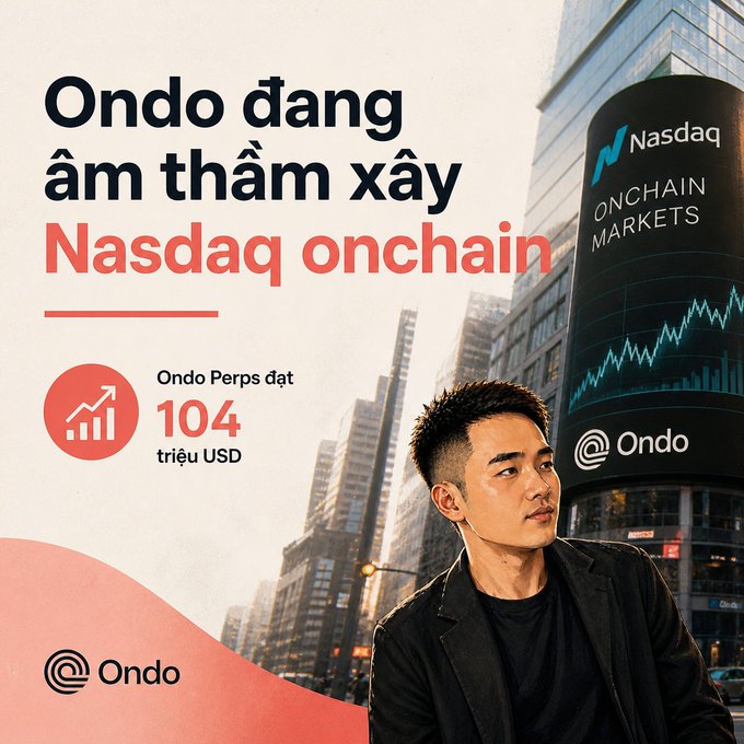 A Vietnamese-language promotional graphic for Ondo Finance with the headline 'Ondo đang âm thầm xây Nasdaq onchain' and 'Ondo Perps đạt 104 triệu USD', featuring an Asian man in a black blazer against a cityscape with a Nasdaq billboard.