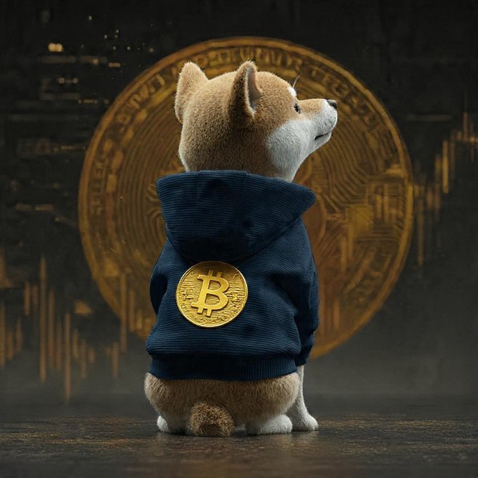 The image features a small brown dog wearing a blue hoodie with a gold coin design, sitting on its hind legs and looking up at something above it. The background of the image shows a large circle with a yellow center, which appears to be a symbol related to Bitcoin or cryptocurrency. The caption "KING ... ALPHA ... FUTURE ... Next GEM? All in One" suggests that there might be more information about Bitcoin or cryptocurrency hidden within this image.