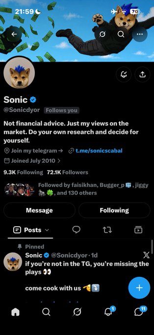 A Twitter/X profile page for "Sonic" (@Sonicdyor) with 9.3K followers, featuring a Shiba Inu avatar, a bio reading "Not financial advice. Just my views on the market," and a pinned tweet directing users to a Telegram group "come cook with us".