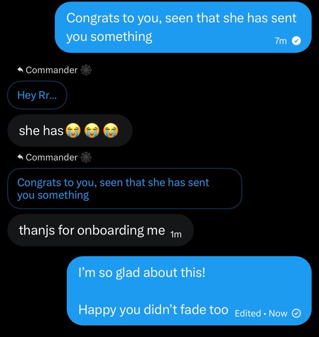 A screenshot of a Facebook Messenger conversation where a mutual named Commander thanks the user for onboarding them to CadeMarket, to which the user replies, "I'm so glad about this! Happy you didn't fade too," celebrating the mutual's success in earning $250.