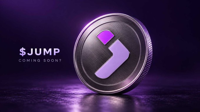 A sleek promotional graphic features a metallic coin with the "J" Jumper logo against a dark purple background, accompanied by the text "$JUMP — COMING SOON?" — visually teasing the anticipated TGE and possible airdrop mentioned in the accompanying post about the Jumper project.