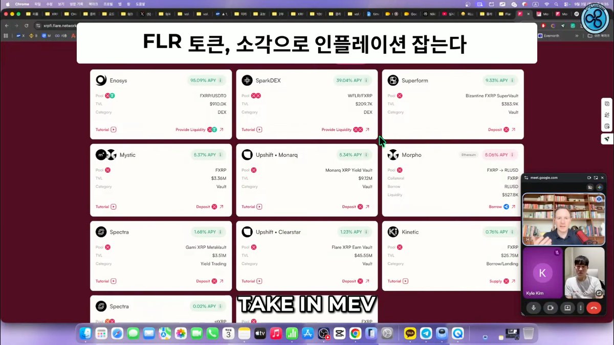 A video call screenshot shows a presenter discussing "FLR 토큰, 소각으로 인플레이션 잡는다" (FLR token, curbing inflation through burning), displaying a dashboard of Flare Network DeFi protocols including Enosys (16.09% APY), SparkDEX (39.04% APY), and Superform (9.33% APY), with overlays reading "TAKE IN MEV" and a Google Meet window featuring hosts "Kyle Kim." The image illustrates how FLR connects to XRPFi activities by showcasing various yield-generating platforms built on the Flare network that support XRP-based DeFi ecosystems.
