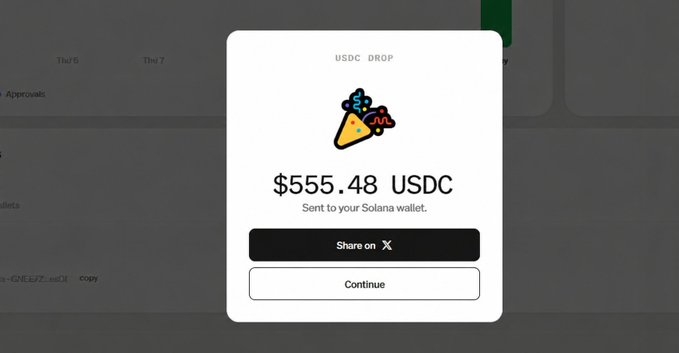 A pop-up displays a "USDC DROP" notification showing $555.48 USDC to be sent to a Solana wallet, featuring a party popper emoji and "Share on X" and "Continue" buttons. The image directly corresponds to the post, illustrating a surprise airdrop reward from Moonpay to celebrate community engagement.