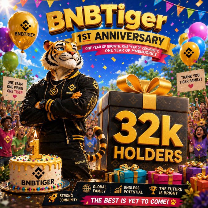 Colorful promotional graphic celebrating 'BNBTiger 1st Anniversary' with 'ONE YEAR OF GROWTH, ONE YEAR OF COMMUNITY, ONE YEAR OF MEMORIES,' featuring an anthropomorphic tiger in a varsity jacket, a large gift box, and a '32K HOLDERS' badge.