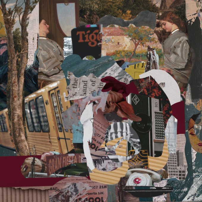 A complex mixed-media collage featuring vintage painted portraits of women, a yellow bus, a typewriter, scattered Spanish newspaper clippings including 'GRAN FIESTA', and various abstract paper cutouts.
