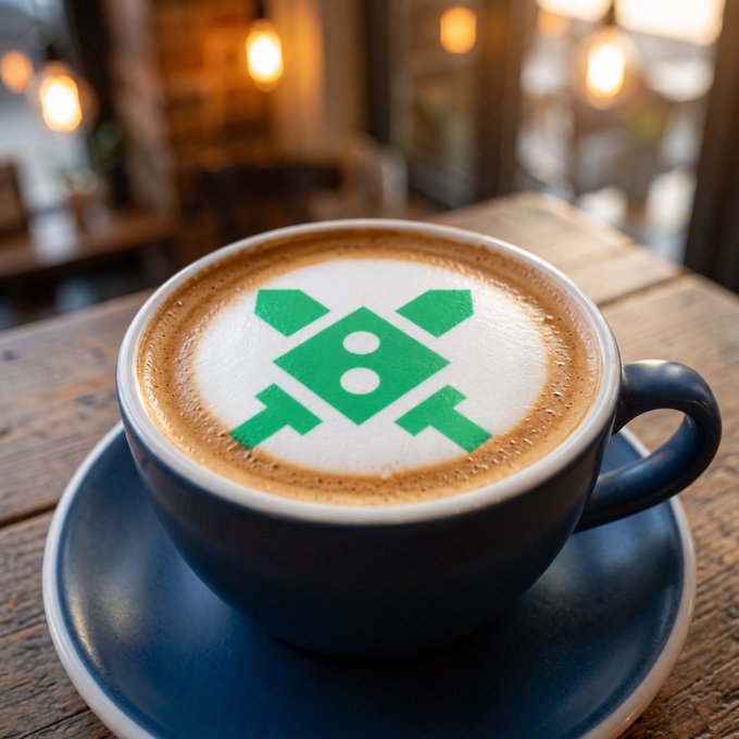 A blue ceramic cup of cappuccino with a green pixel-art robot or skull logo artfully drawn in the foam sits on a wooden café table, fittingly matching the post's invitation to share a virtual cup of coffee with the community.