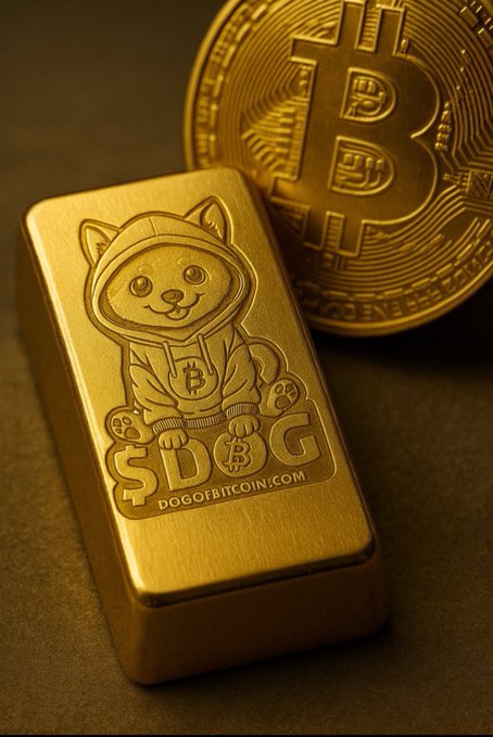 A gold bar embossed with a doge character wearing a Bitcoin hoodie and 'DOGECOIN' text sits next to a physical Bitcoin coin, promoting DOGOBITCOIN.COM.