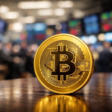 A gold Bitcoin coin featuring the iconic "₿" symbol rests on a reflective surface with blurred trading screens in the background, symbolizing the $189M in inflows to US spot Bitcoin ETFs on August 18, led by BlackRock's iShares Bitcoin Trust ($IBIT) with $143.6M.