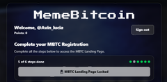 A digital interface for 'MemeBitCoin' showing a user 'Welcome, @Aola_luda' attempting an MBTC registration, with a progress bar at '3 of 4 steps done'.
