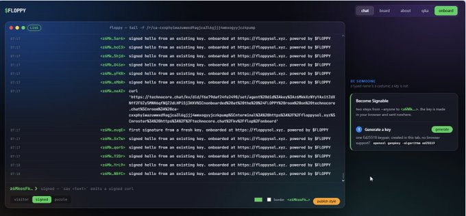 A terminal interface for the $FLOPPY app displays chat commands, signed messages, and a sidebar with a "Become Signable" prompt to generate or import keys.