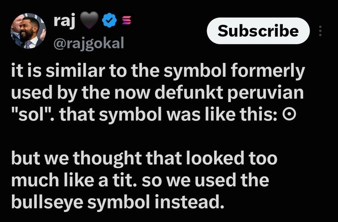 A screenshot of a tweet by @rajgokal explaining that a currency symbol was changed because it looked 'too much like a tit', using a bullseye symbol instead.