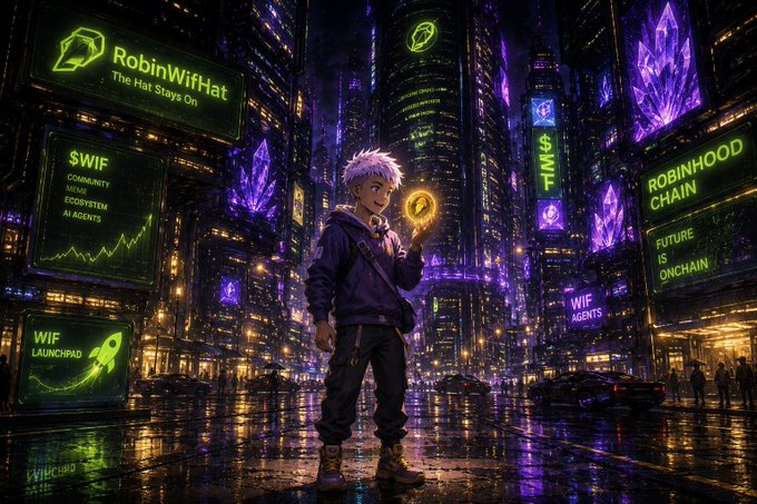 An anime-style digital artwork featuring a character holding a glowing coin in a vibrant cyberpunk cityscape, with signs reading 'RobinWifHat - The Stays On', '$WIF', 'TWIT', 'ROBINHOOD CHAIN - FUTURE IS ONCHAIN', and 'WIF LAUNCHPAD'.