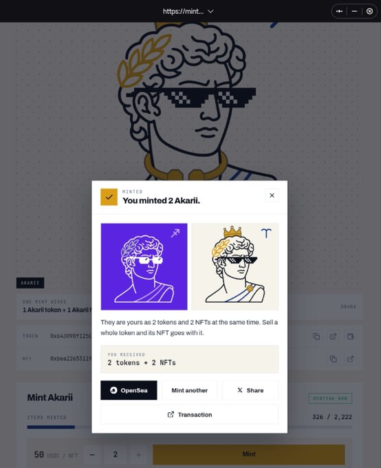 A screenshot shows a successful mint confirmation pop-up stating 'You minted 2 Akari,' displaying two NFT variations of a classical bust character with pixelated sunglasses.