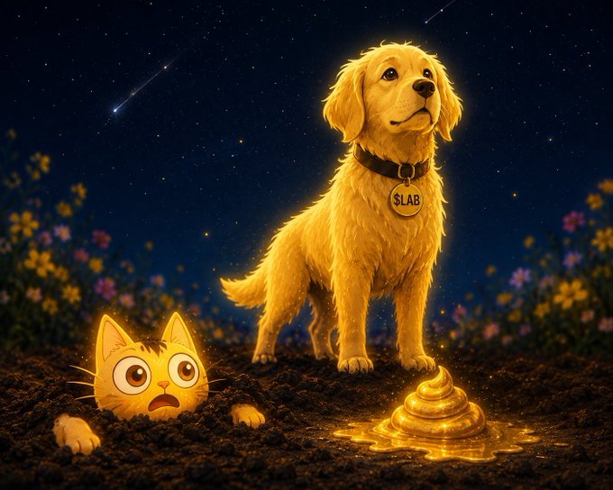 A whimsical digital illustration of a yellow Labrador dog wearing a 'SLAB' collar tag standing in a field of flowers at night under a starry sky with shooting stars, next to a cartoon cat face peeking out of the dirt.