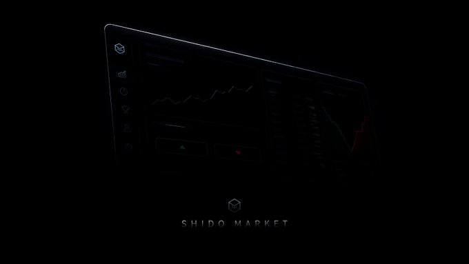 A dark, minimalist graphic featuring a stylized trading dashboard interface with chart graphics and the text 'SHIDO MARKET' displayed below.